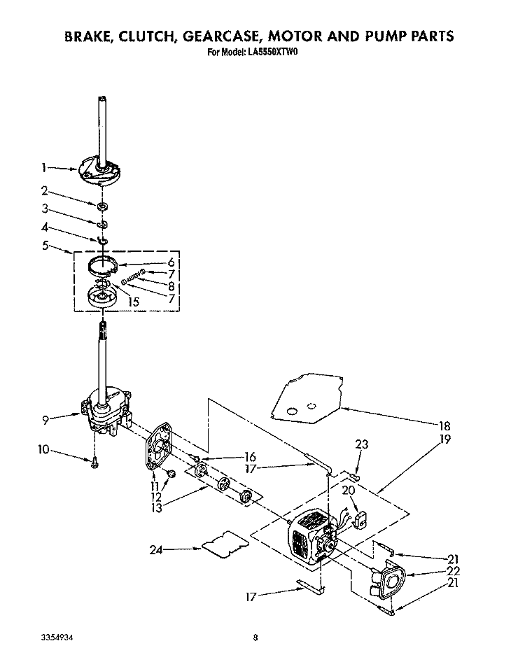 BRAKE, CLUTCH, GEARCASE, MOTOR AND PUMP Diagram and Parts List for LA5550XTG0  Whirlpool Washer