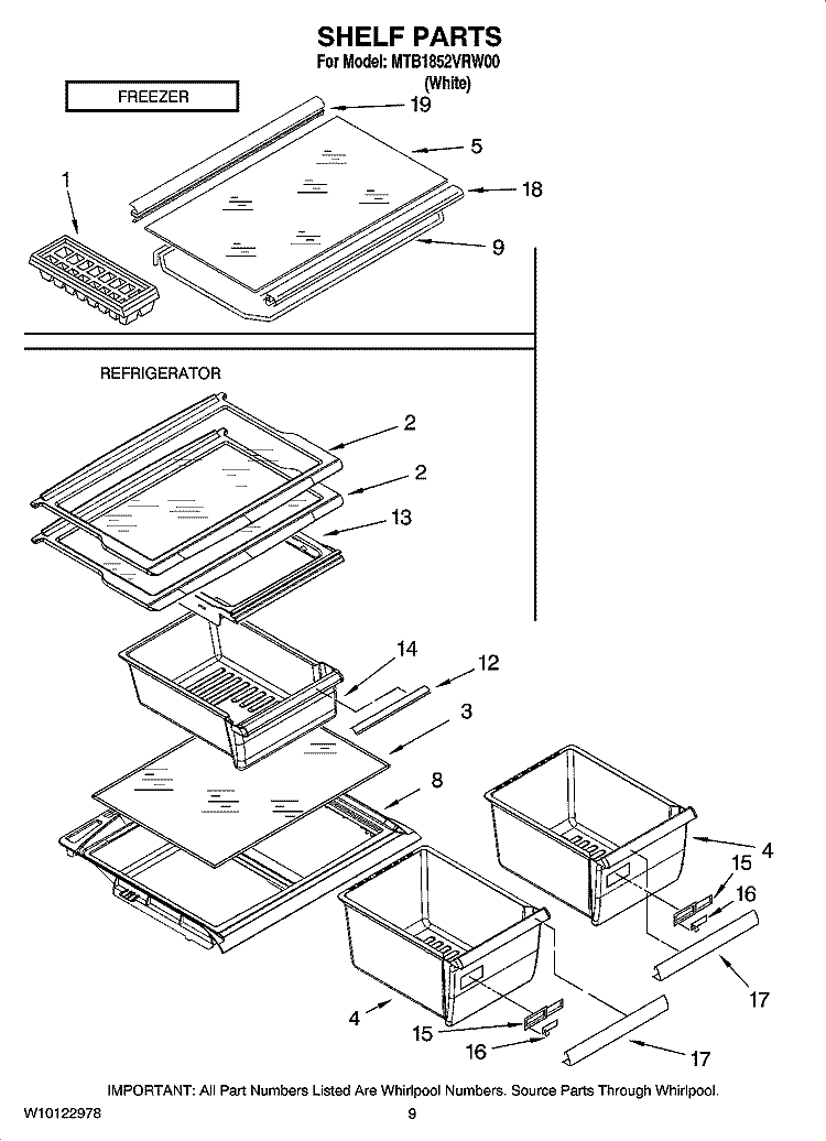 SHELF PARTS, OPTIONAL PARTS (NOT INCLUDED) Diagram and Parts List for MTB1852VRW00  Whirlpool Refrigerator