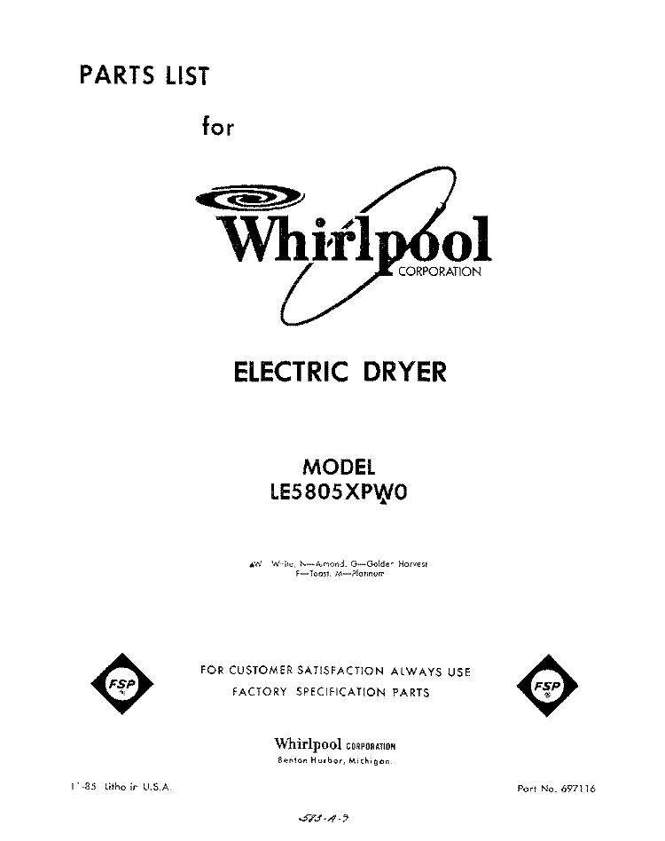 SECTION Diagram and Parts List for LE5805XPW0  Whirlpool Dryer