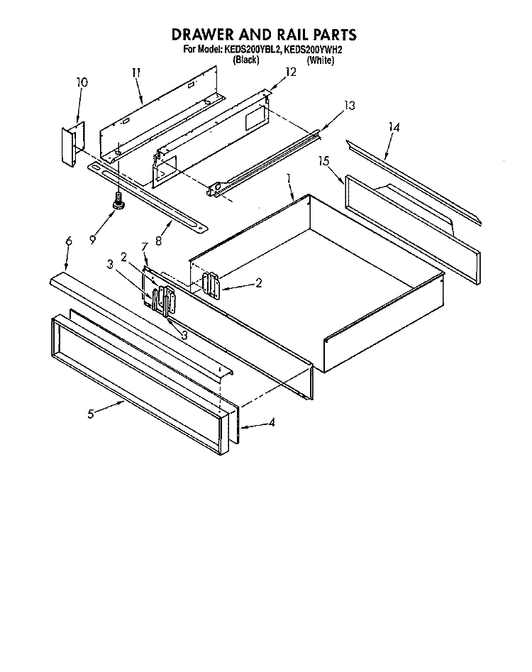 DRAWER AND RAIL Diagram and Parts List for KEDS200YWH2  KitchenAid Range