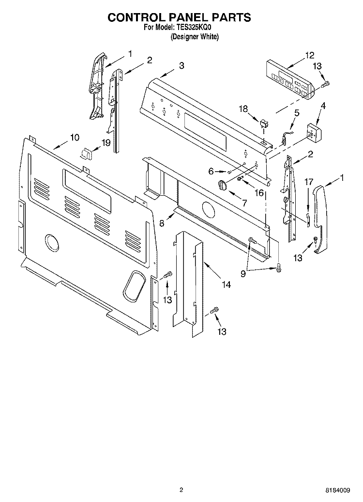 CONTROL PANEL Diagram and Parts List for TES325KQ0  Estate Range