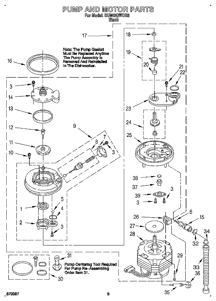 PUMP AND MOTOR Diagram and Parts List for DU940QWDB3  Whirlpool Dishwasher