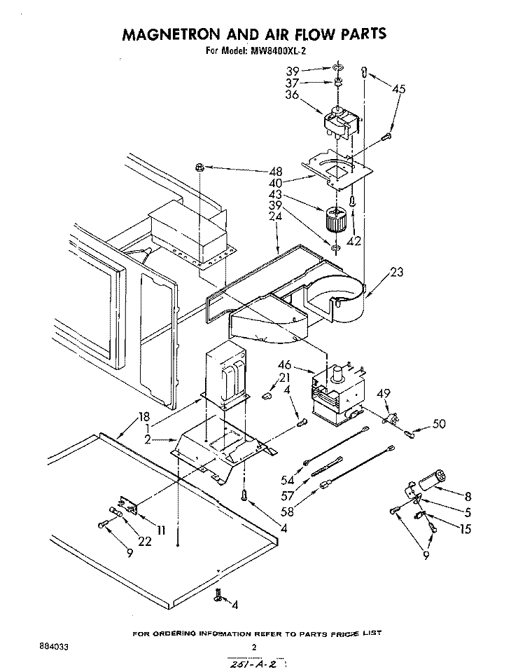 MAGNETRON AND AIR FLOW Diagram and Parts List for MW8400XL2  Whirlpool Microwave