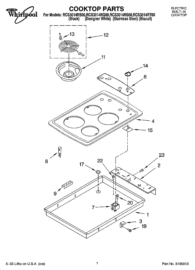 COOKTOP PARTS Diagram and Parts List for RCS3014RQ00  Whirlpool Cooktop