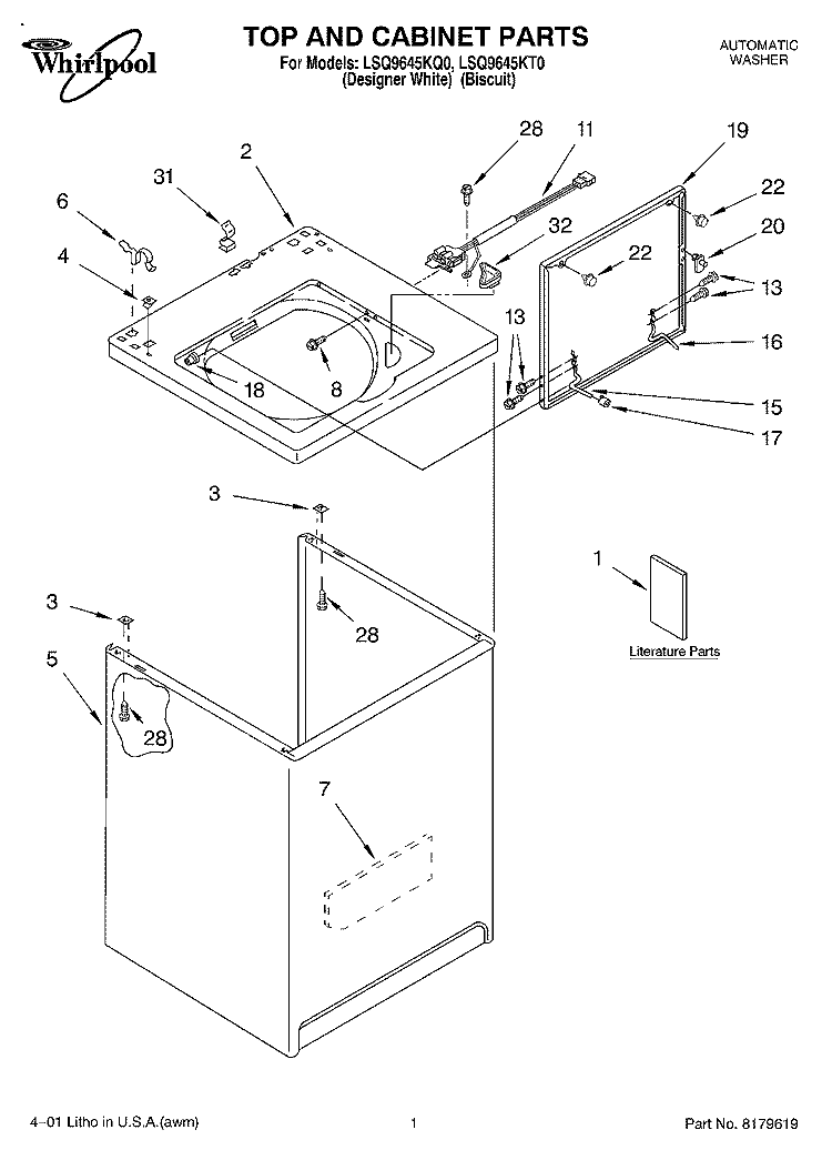TOP AND CABINET, LITERATURE Diagram and Parts List for LSQ9645KT0  Whirlpool Washer