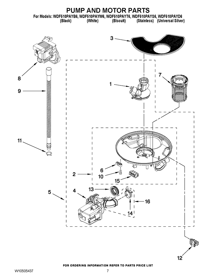 PUMP AND MOTOR PARTS Diagram and Parts List for WDF510PAYT6  Whirlpool Dishwasher
