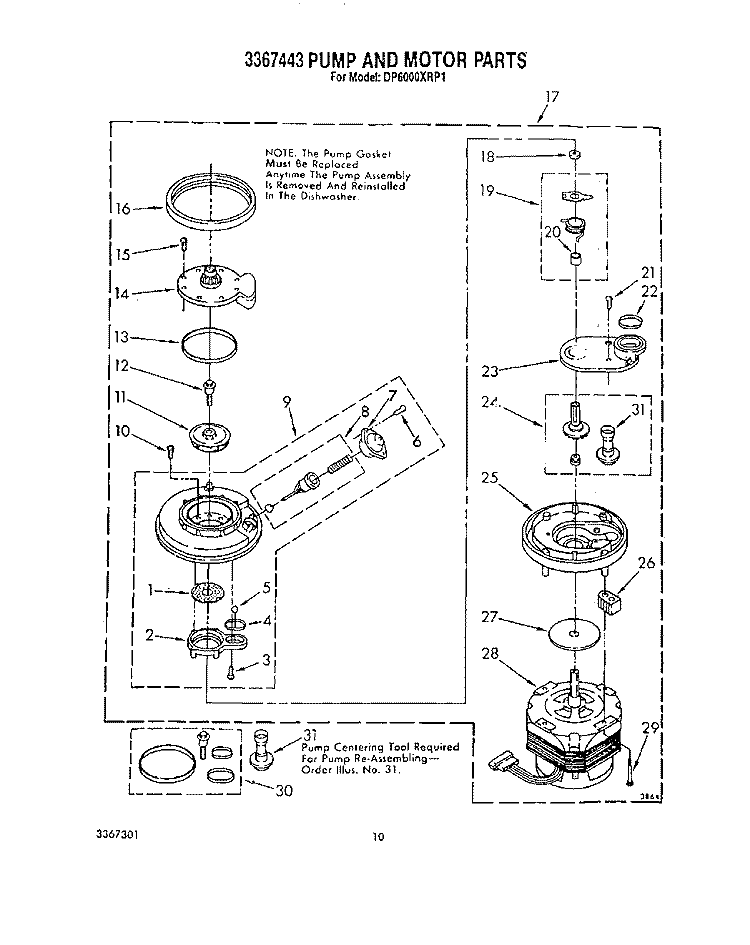 3367443 PUMP AND MOTOR Diagram and Parts List for DP6000XRP1  Whirlpool Dishwasher