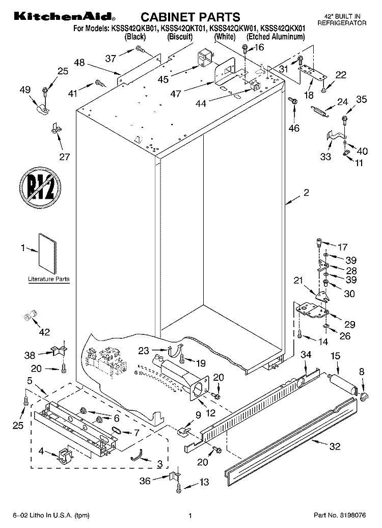 CABINET, LITERATURE Diagram and Parts List for KSSS42QKW01  KitchenAid Refrigerator