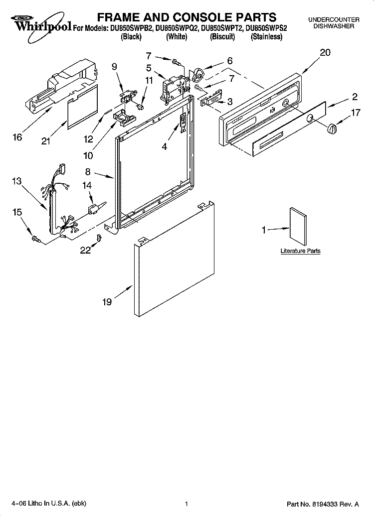FRAME AND CONSOLE PARTS Diagram and Parts List for DU850SWPQ2  Whirlpool Dishwasher
