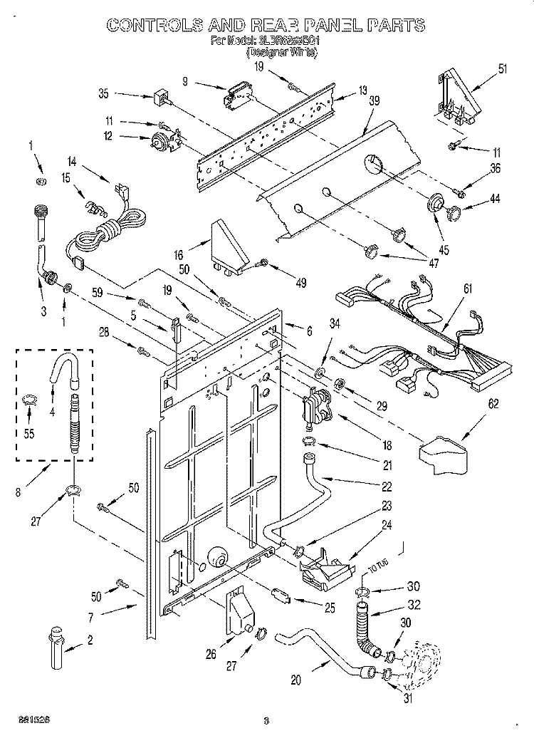 CONTROLS AND REAR PANEL Diagram and Parts List for 3LBR8255EQ1  Whirlpool Washer
