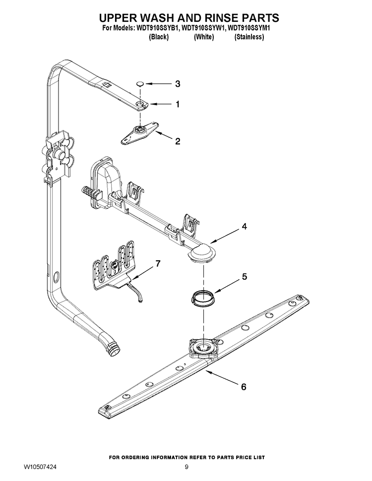 UPPER WASH AND RINSE PARTS Diagram and Parts List for WDT910SSYW1  Whirlpool Dishwasher