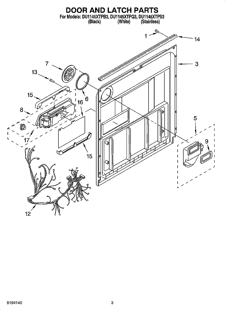 DOOR AND LATCH PARTS Diagram and Parts List for DU1145XTPQ3  Whirlpool Dishwasher