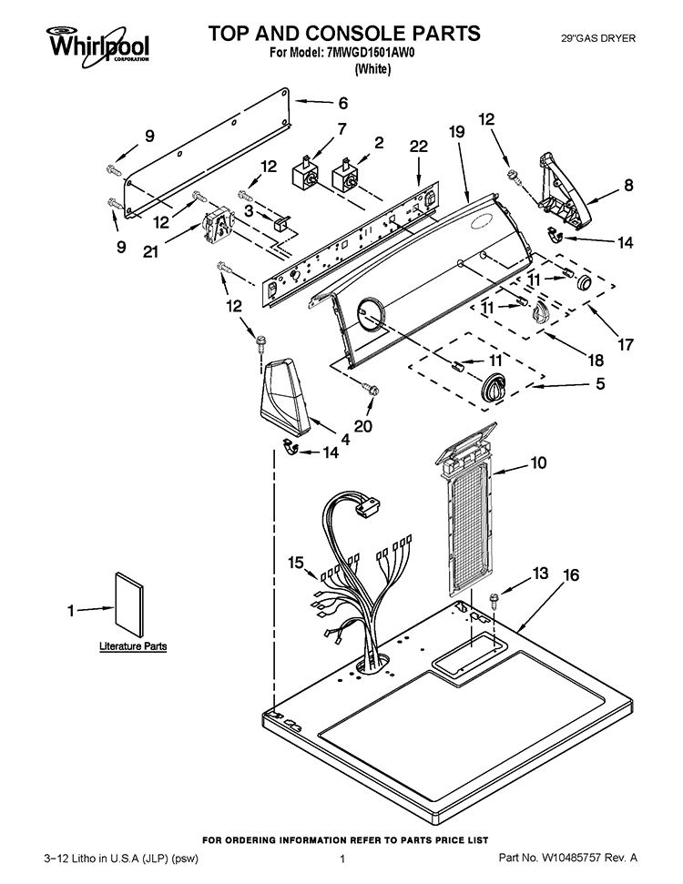 TOP AND CONSOLE PARTS Diagram and Parts List for 7MWGD1501AW0  Whirlpool Dryer