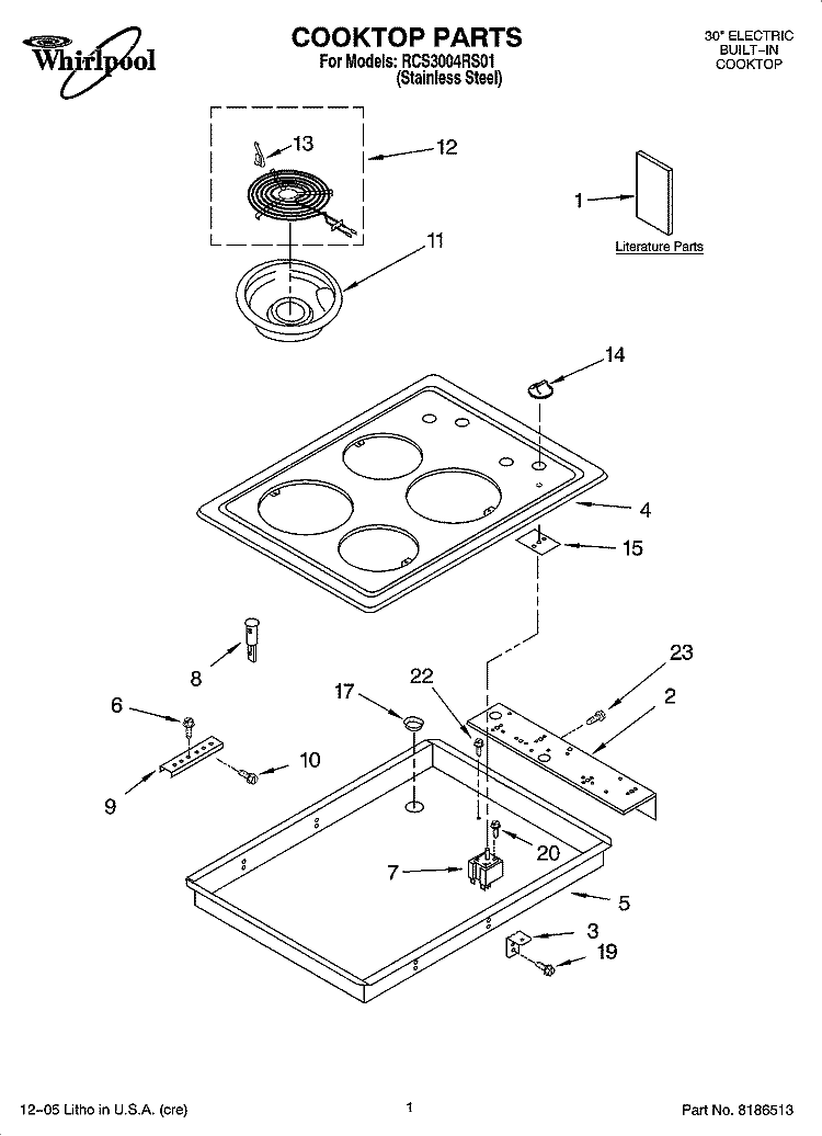 COOKTOP PARTS Diagram and Parts List for RCS3004RS01  Whirlpool Cooktop