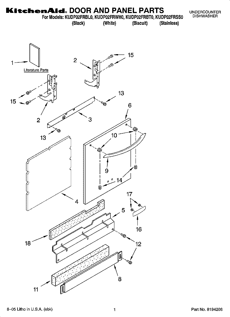 DOOR AND PANEL PARTS Diagram and Parts List for KUDP02FRBT0  KitchenAid Dishwasher