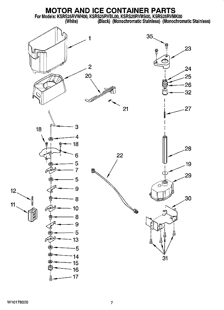 MOTOR AND ICE CONTAINER PARTS Diagram and Parts List for KSRS25RVMS00  KitchenAid Refrigerator