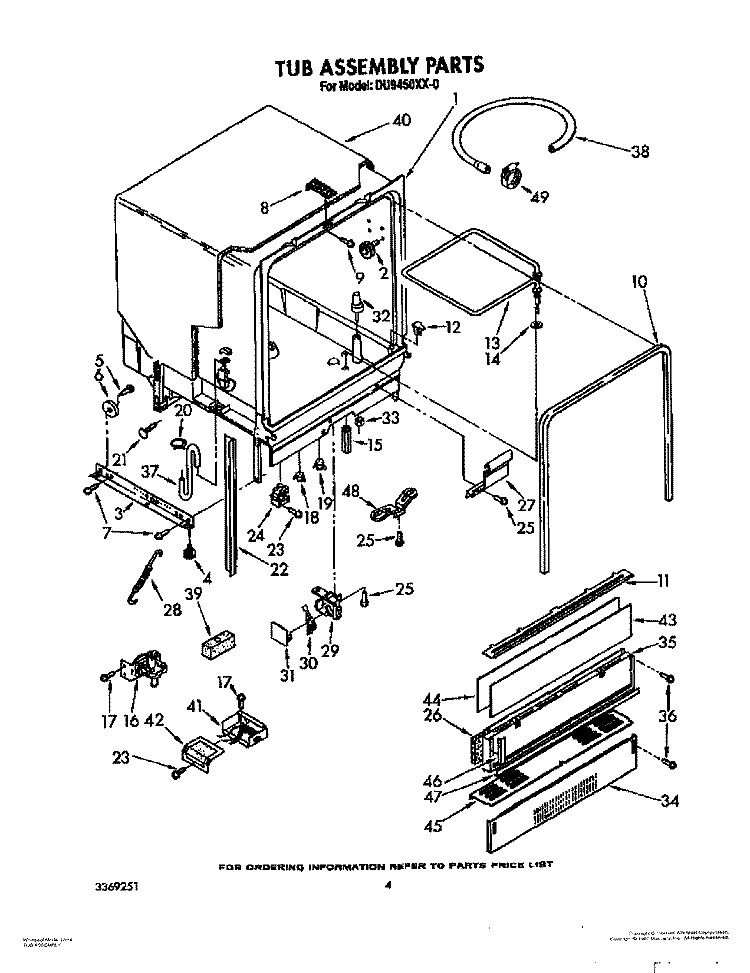 TUB ASSEMBLY Diagram and Parts List for DU9450XX0  Whirlpool Dishwasher