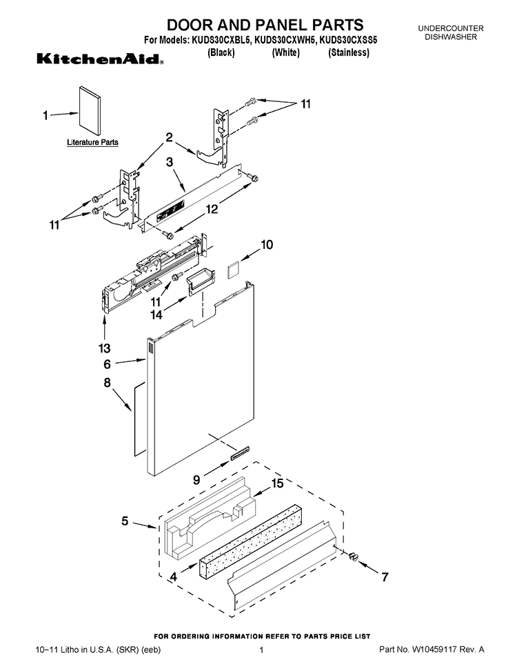 DOOR AND PANEL PARTS Diagram and Parts List for KUDS30CXBL5  KitchenAid Dishwasher
