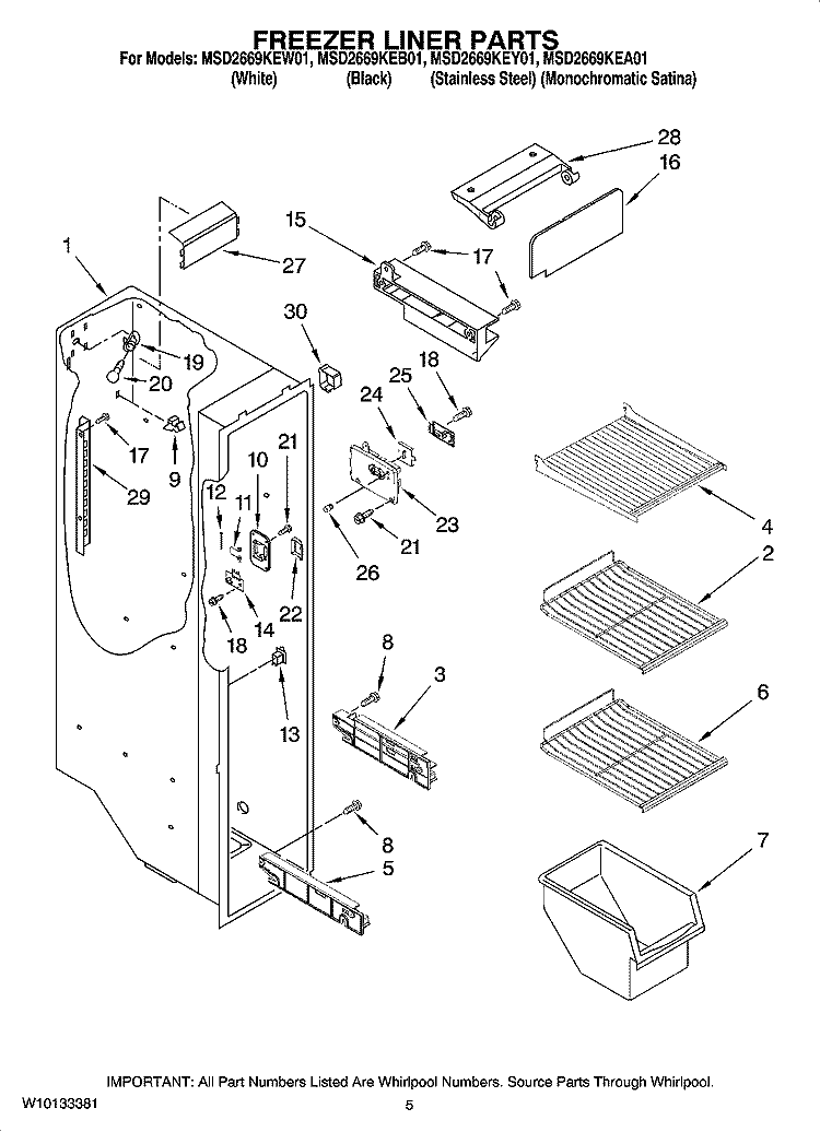 FREEZER LINER PARTS Diagram and Parts List for MSD2669KEB01  Whirlpool Refrigerator