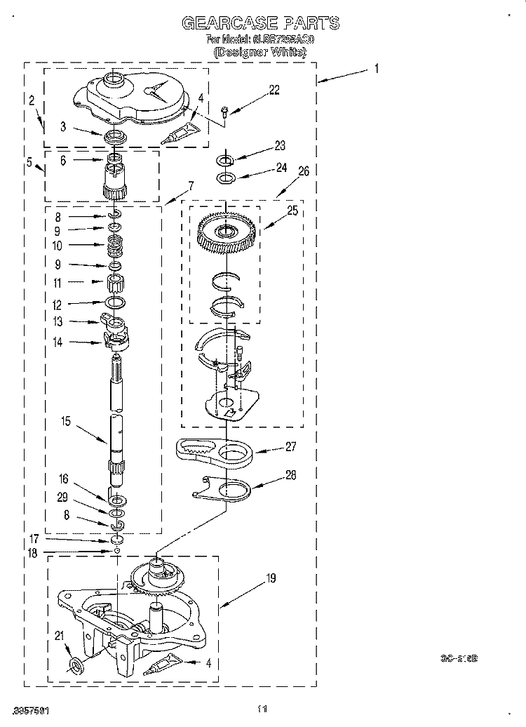 GEARCASE Diagram and Parts List for 6LBR7255AN0  Whirlpool Washer
