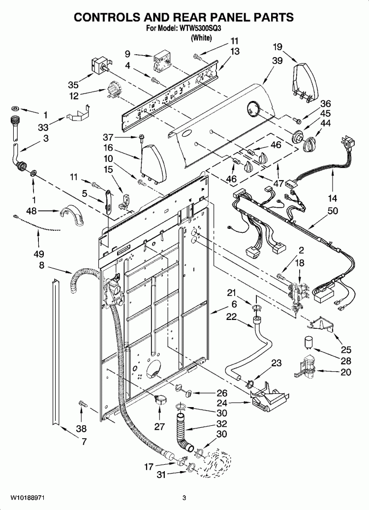 CONTROLS AND REAR PANEL PARTS Diagram and Parts List for WTW5300SQ3  Whirlpool Washer