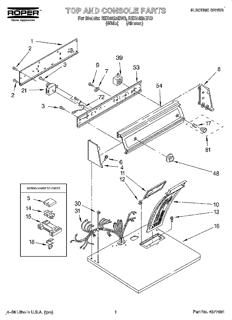 SECTION Diagram and Parts List for REX4625EW0  Roper Dryer