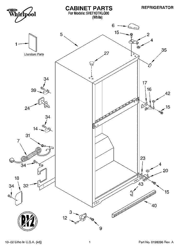 CABINET, LITERATURE Diagram and Parts List for 5VET1DTKLQ00  Whirlpool Refrigerator