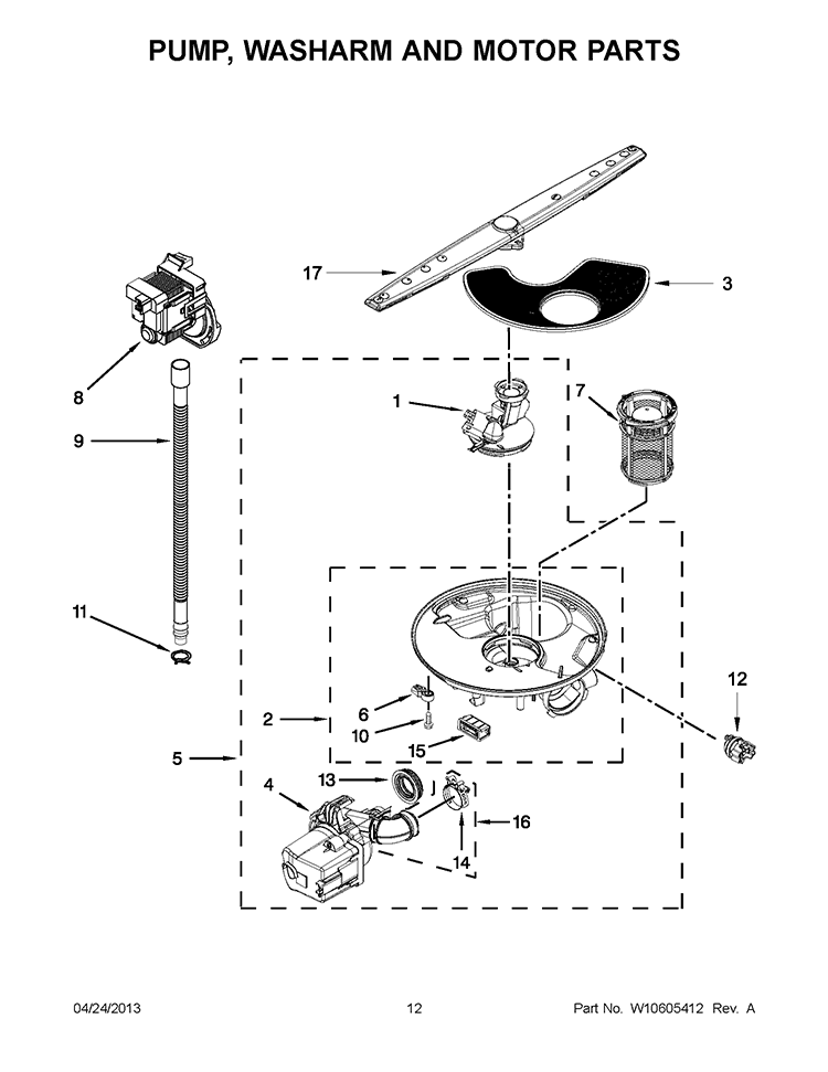 PUMP, WASHARM AND MOTOR PARTS Diagram and Parts List for WDF310PAAT3  Whirlpool Dishwasher