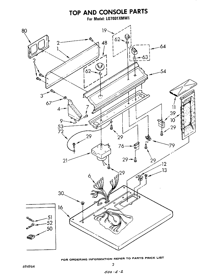 TOP AND CONSOLE , LITERATURE AND OPTIONAL Diagram and Parts List for LG7001XMW1  Whirlpool Dryer