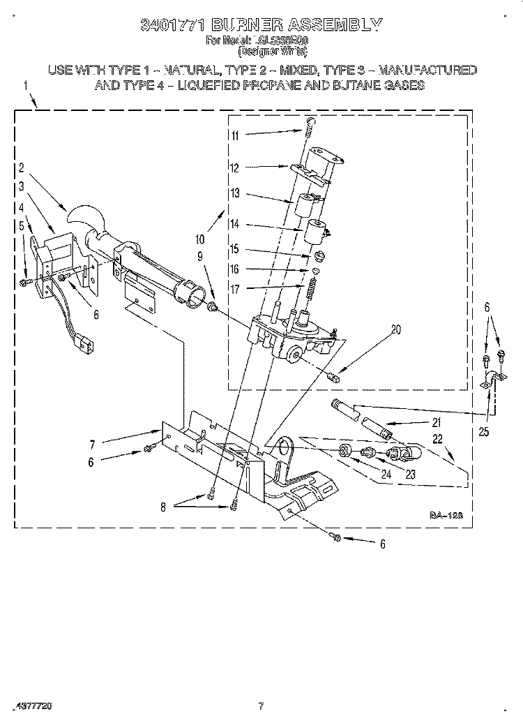 3401771 BURNER Diagram and Parts List for LGL8858EQ0  Whirlpool Dryer