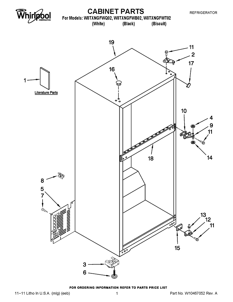 CABINET PARTS Diagram and Parts List for W8TXNGFWQ02  Whirlpool Refrigerator