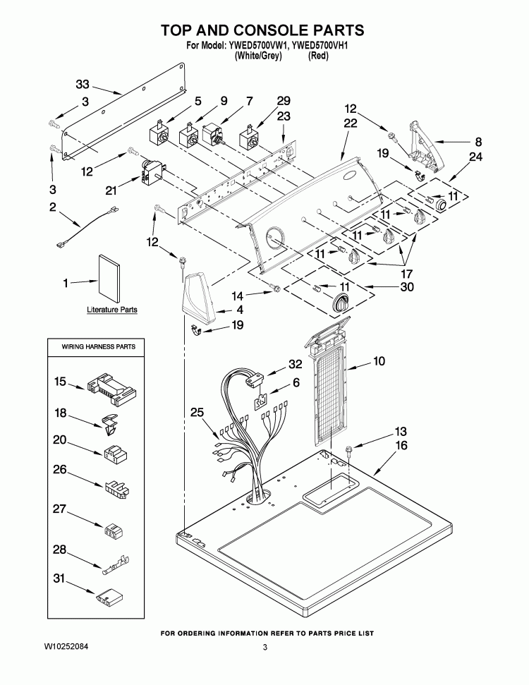 TOP AND CONSOLE PARTS Diagram and Parts List for YWED5700VH1  Whirlpool Dryer