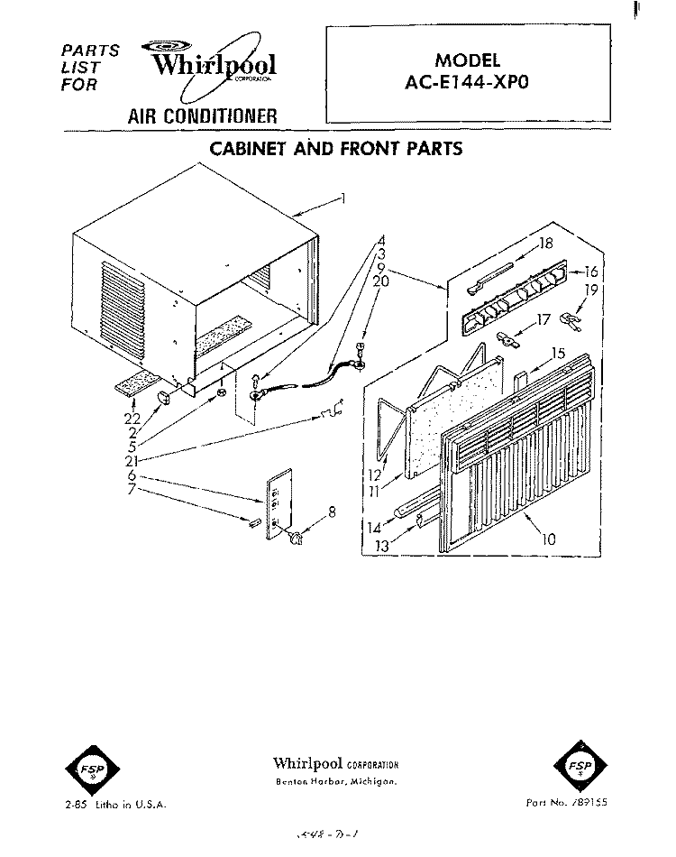 SECTION Diagram and Parts List for ACE144XP0  Whirlpool Air Conditioner