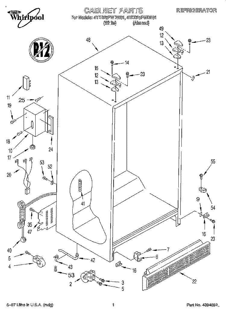 CABINET Diagram and Parts List for 4YED25PWDW01  Whirlpool Refrigerator