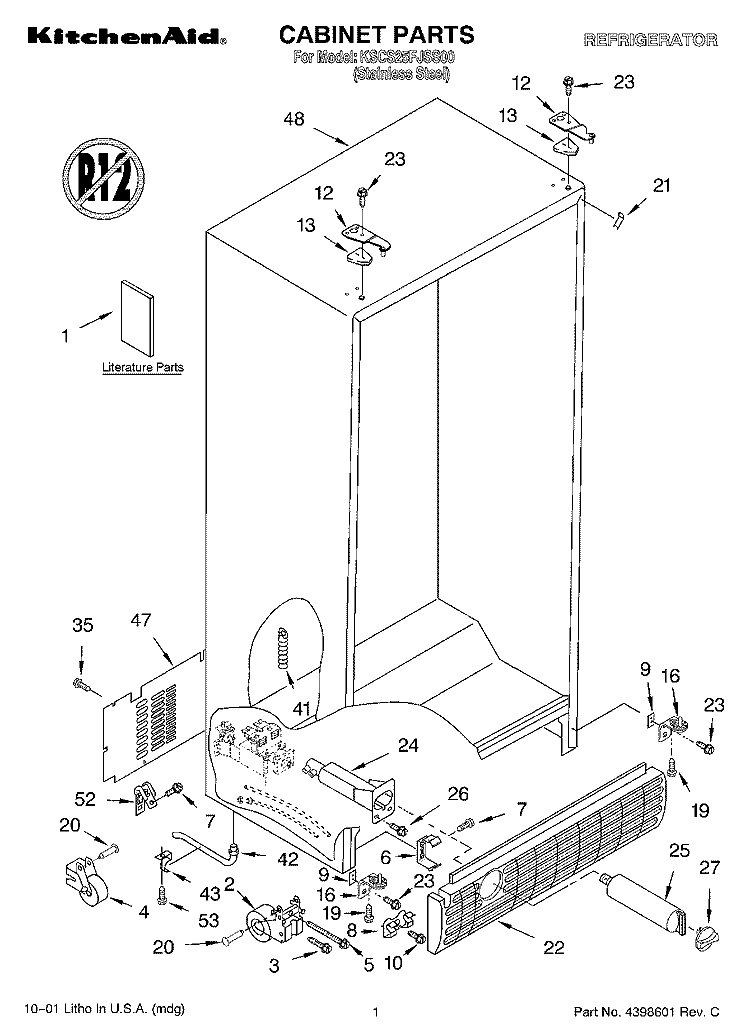 CABINET, LITERATURE Diagram and Parts List for KSCS25FJSS00  KitchenAid Refrigerator