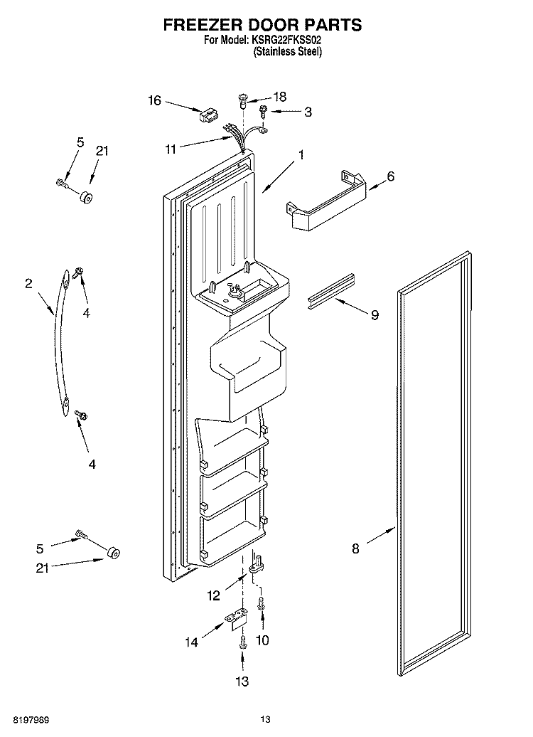 FREEZER DOOR Diagram and Parts List for KSRG22FKSS02  KitchenAid Refrigerator