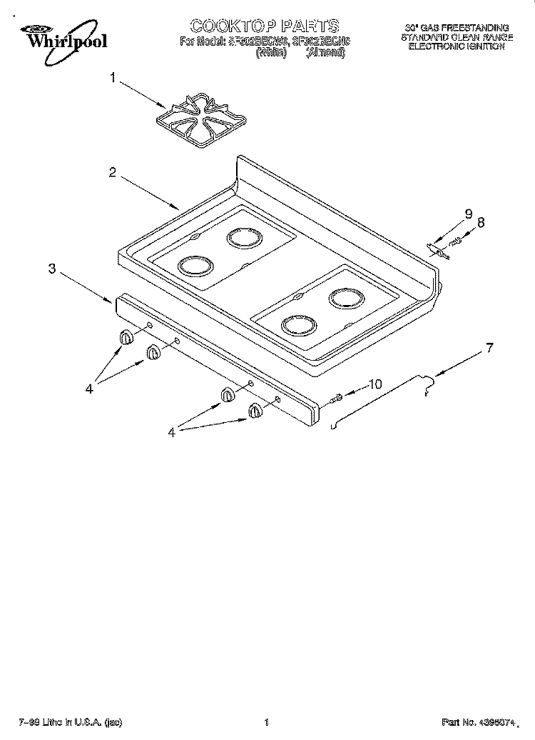 COOKTOP Diagram and Parts List for SF302BEGN0  Whirlpool Range