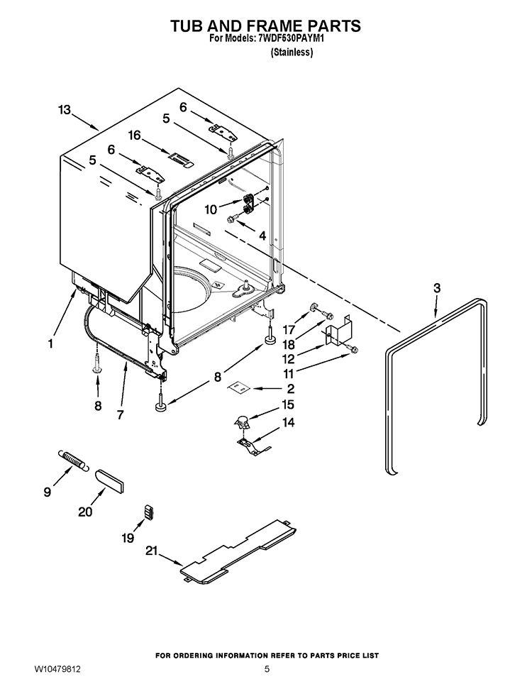 TUB AND FRAME PARTS Diagram and Parts List for 7WDF530PAYM1  Whirlpool Dishwasher