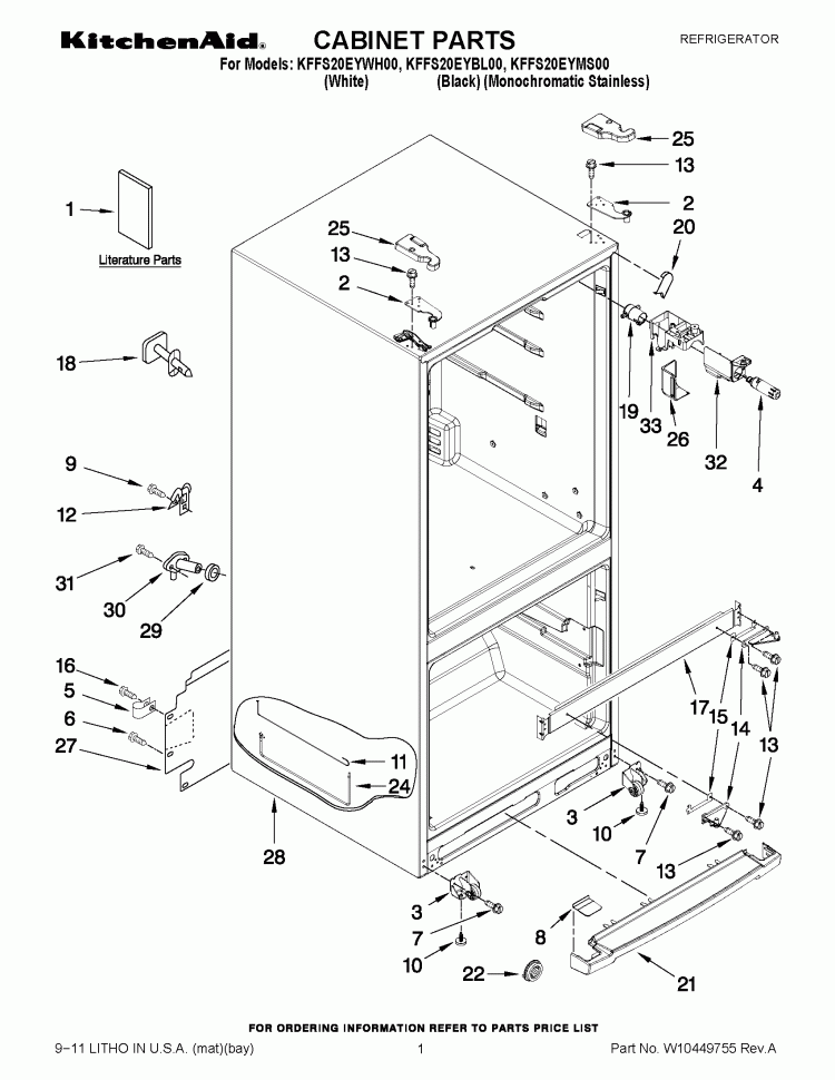 CABINET PARTS Diagram and Parts List for KFFS20EYWH00  KitchenAid Refrigerator