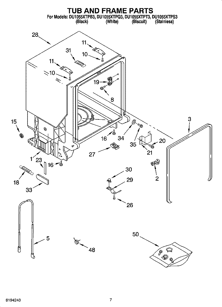 TUB AND FRAME PARTS Diagram and Parts List for DU1055XTPS3  Whirlpool Dishwasher