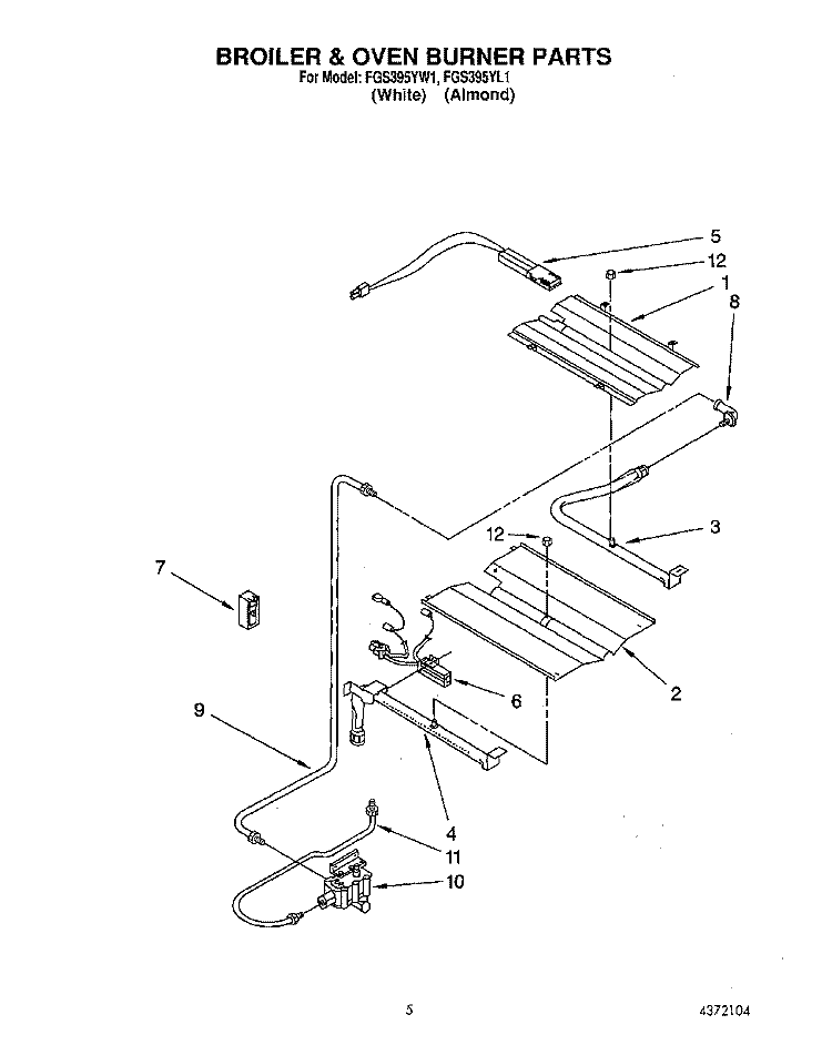 BROILER AND OVEN BURNER Diagram and Parts List for FGS395YW1  Roper Range