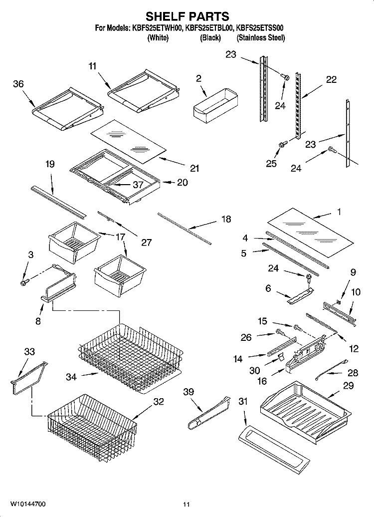 SHELF PARTS Diagram and Parts List for KBFS25ETSS00  KitchenAid Refrigerator