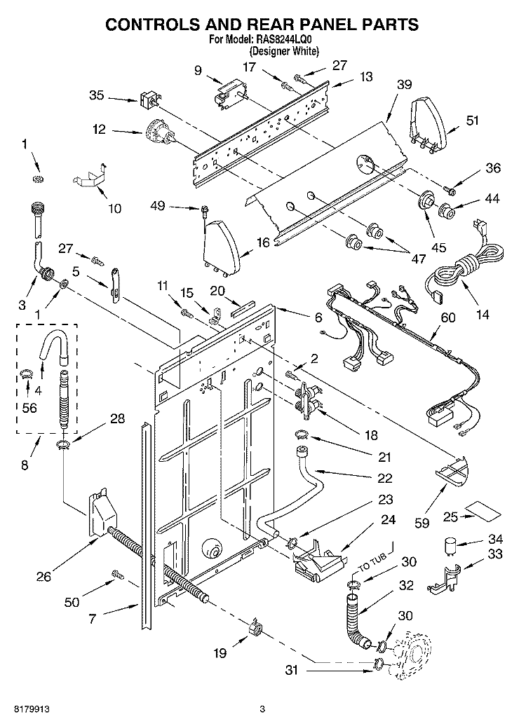 CONTROLS AND REAR PANEL PARTS Diagram and Parts List for RAS8244LQ0  Roper Washer