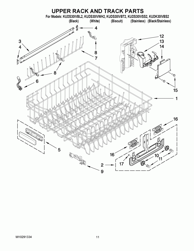 UPPER RACK AND TRACK PARTS Diagram and Parts List for KUDK30IVBS2  Whirlpool Dishwasher