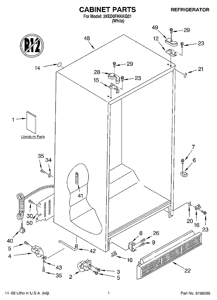 CABINET, LITERATURE Diagram and Parts List for 3XED0FHKKQ01  Whirlpool Refrigerator