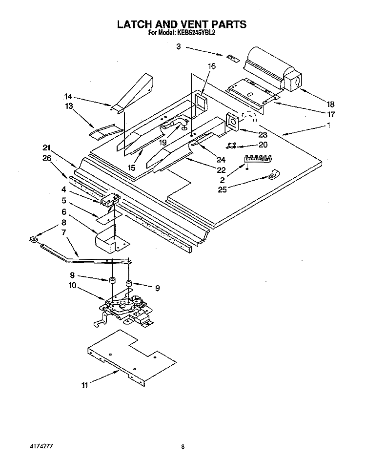 LATCH AND VENT Diagram and Parts List for KEBS246YBL2  KitchenAid Wall Oven