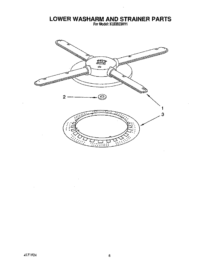 LOWER WASHARM AND STRAINER Diagram and Parts List for KUDB23HY1  KitchenAid Dishwasher