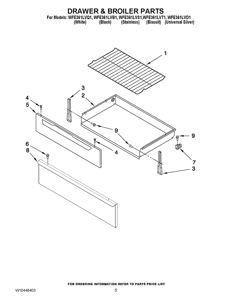 DRAWER & BROILER PARTS Diagram and Parts List for WFE361LVS1  Whirlpool Range