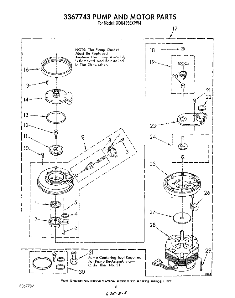 3367743 PUMP AND MOTOR Diagram and Parts List for GDU4050XPW4  Whirlpool Dishwasher