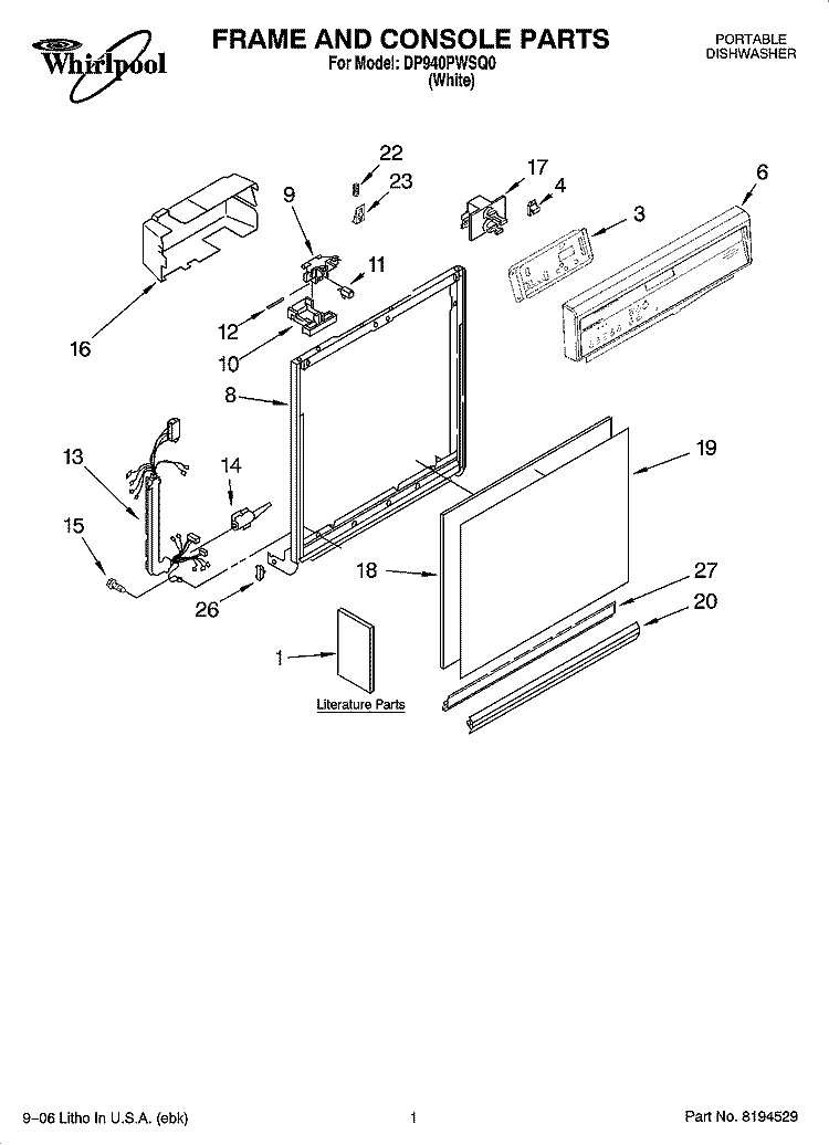 FRAME AND CONSOLE PARTS Diagram and Parts List for DP940PWSQ0  Whirlpool Dishwasher
